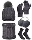 5 Pieces Women Ski Outing Set, Knit Winter Hat Scarf Gloves Earmuffs Stockings (Dark Gray Series Colors, Simple Style)