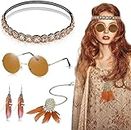 DOKLY 4 Piece Hippie Costume Women Accessories 60s 70s Fancy Dress Set Including Round Vintage Hippie Glasses