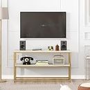 TV Stand for TVs up to 50 Inch, Modern 2 Tier Entertainment Center with Marble Wooden Veneer Top and Gold Metal Base, 42" Media Console Table, with Storage for Living Room Bedroom