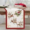 Bonhause Christmas Reindeer Table Runner 13x72 Inch Santa Claus Sleigh Red Gold Seasonal Winter Holiday Kitchen Dining Table Decoration for Indoor Outdoor Home Party Decor