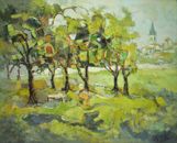 Original large oil painting landscape with trees and a village, by Jacques Sokol