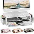 gianotter Monitor Stand Riser, Desk Organizer with Drawer and Pen Holder, 2-Tier Computer Stand, Desk Accessories & Workspace Organizers(White)