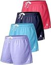 4 Pack: Girls Ahtleitc Shorts with Pockets, 3" Dry Fit Running Shorts for Kids Teens Soccer Basketball, Navy/Lavender/Baby Blue/Hot Pink, Medium