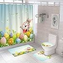 DDS-DUDES Easter Shower Curtain Set with Rugs,Funny Rabbit Spring Colorful Eggs Shower Curtain Set for Bathroom Decor Waterproof Fabric Curtains with Hooks 71x71 inches