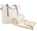 VAS COLLECTIONS Premium Cotton Viscose Dohar/AC Quilt/Blanket for Single Bed Size (60 x 86 inches) |Lightweight Knitted Dohar with a Matching Handbag - 250 GSM | Single - 150x220 cms - Beige & White