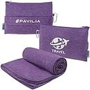 PAVILIA Soft Compact Travel Blanket and Pillow, Foldable Airplane Blanket in Bag, Lightweight Portable Flight Blanket Set with Luggage Strap, Camping Plane Car Home Office Gift Accessories, Purple
