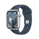 Apple Watch Series 9 [GPS 45mm] Smartwatch with Silver Aluminum Case with Storm Blue Sport Band M/L. Fitness Tracker, Blood Oxygen & ECG Apps, Always-On Retina Display, Water Resistant