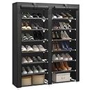 JIUYOTREE 7 Tier Shoe Rack Storage Organizer with Big Capacity,Double Row Shoe Cabinet,Shelf,Closet with Nonwoven Fabric Cover,Black