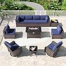 Kullavik 11PCS Outdoor Patio Furniture Set,PE Wicker Rattan Sectional Sofa Patio Conversation Sets with 43" 55000BTU Gas Propane Fire Pit Table,Swivel Rocking Chairs Set,Navy Blue