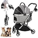 SKISOPGO 3 in 1 Foldable Pet Stroller for Small Medium Dogs Cats, No-Zip Dog Stroller with Detachable Carrier, Push Button, Luxury Pet Gear Stroller for Puppy Travel (Grey)