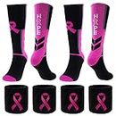 masonicbuy Breast Cancer Awareness Pink Ribbon Hope Socks & Wristbands Set - 2 Pairs Athletic Crew Socks + 4 Pcs Wrist Sweatbands