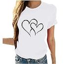 JISDFKFL T Shirts for Women UK Sale Clearance, Tops for Women Basic Tees for Women Casual Crew Neck Short Sleeve T-Shirt Tops Solid Color Cute Heart-Shaped Print Slim Fit Blouses White