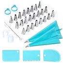 34Pcs Piping Bags and Tips Set, Bake Cake Decorating Kit with 24 Stainless Steel Tips, 2 Reusable Silicone Pastry Bags, 3 Icing Smoother, 2 Couplers, 2 Frosting Bags Ties and 1Pipe Brush