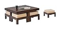 Porash Furniture™ Sheesham Wood Square Coffee Table with 4 Stools for Living Room Tea Table Furniture for Home (Walnut Finish Center Table)