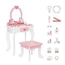 OOOK Kids Vanity Set, Table & Chair Vanity Set with Mirror and 15 pcs Interesting Make-up Accessories, Pink Makeup Dressing Table with Storage Drawer, Premium Gift for Girls.