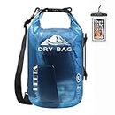 HEETA Waterproof Dry Bag for Women Men, Roll Top Lightweight Dry Storage Bag Backpack with Phone Case for Travel, Swimming, Boating, Kayaking, Camping and Beach, Transparent Blue, 10L