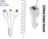 3 in 1 2.1A USB Super Fast Car Charger With Cables For iPhone USB C Micro USB A+