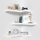 NATURE'S SOURCE Corner Floating Shelves with Invisible Brackets, Corner Shelves Wall Mounted Set of 3, Wall Shelves for Bedroom Bathroom Kitchen Living Room Office- Modern Style 17" x 6" (White)
