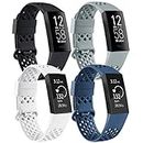 4 Pack Sport Bands Compatible with Fitbit Charge 4 / Fitbit Charge 3 / Charge 3 SE, Silicone Sport Strap with Breathable Holes Replacement Wristband for Women Men (Small, Black+Blue+White+Gray)