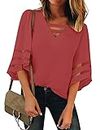 LookbookStore Women's Casual Summer Strappy Vneck Mesh Panel 3/4 Bell Sleeve Loose Shirt Top Blouses Tea Rose Size Large