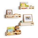 Fun Memories Nursery Book Shelves - Rustic Natural Solid Wood Floating Bookshelf for Kids - Wall Book Shelves for Kids Room, Home Decor - Kitchen Spice Rack Set of 4 - Natural Wood - 16 Inch