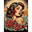 Pin Up Mädchen Rosen Retro Tattoo Rockabilly Americana 50er Jahre riesiger Kunst Poster Druck
