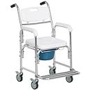HOMCOM 3-in-1 Shower Commode Wheelchair, Transport Beside Commode Chair, Waterproof Rolling Over Toilet Chair 330 lbs. Weight Capacity with Padded Seat, White