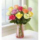 1-800-Flowers Flower Delivery One Dozen Assorted Roses W/ Pink Vase | Same Day Delivery Available | Happiness Delivered To Their Door