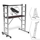 VOUNOT 3-in-1 Aluminium Scaffolding Ladder, Stable, Multifunctional, with Work Platform: Mobile Scaffolding on Wheels with Tool Holder, 120 x 40 cm, Maximum Load 150 kg, 6 Positions, Grey