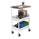 Kokorona Rolling Cart with Wooden Tabletop, 3 Tier Metal Utility Cart, Rolling Storage Organizer Cart with Lockable Wheels for Kitchen, Office, Bedroom, White