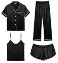 SWOMOG Womens 4pcs Pajamas Sets Silk Satin Sleepwear Sexy Cami with Button Down Short Sleeve Shirt Pjs Loungewear Black Large
