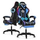 Gaming Chair with Bluetooth Speakers and RGB LED Lights Ergonomic Massage Video Game Chair with Footrest High Back with Lumbar Support Blue and Black