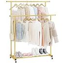 Calmootey Double Rod Clothing Garment Rack,Rolling Hanging Clothes Rack,Portable Clothes Organizer for Bedroom,Living Room,Clothing Store,Gold