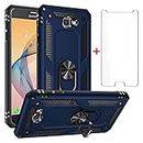 Phone Case for Samsung Galaxy J7 Prime/SM-G610f/ds with Tempered Glass Screen Protector Stand Ring Holder Shockproof Silicone Heavy Duty Accessories Magnetic Metal Hard On7 On 7 J7prime 2017 Blue
