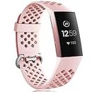 Wepro Bands Compatible Fitbit Charge 3 for Women Men Large, Waterproof Breathable Holes Watch Sport Strap Accessories for Fitbit Charge 3 SE Fitness Tracker, Pink Sand