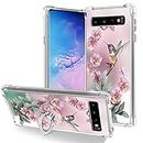 OOK Clear Case Compatible with Samsung Galaxy S10 Plus, Pink Hummingbird Pattern Flexible TPU Shockproof Anti-Scratch Bumper Transparent Cover for Galaxy S10 Plus with Ring Kickstand