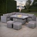 Rattan park Rose Range 8 seater Left Hand Corner Set with Gas Fire Pit Table in Grey Weave
