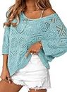 Dokotoo Womens Fashion Ladies Spring Summer Scoop Neck 3/4 Short Sleeve Crochet Top 2024 Pullover Sweaters Work Business Loose Shirts Swimsuit Coverup for Women Light Blue Medium