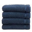 Linum Home Textiles Herringbone Premium Authentic Soft 100% Turkish Cotton Luxury Hotel Collection Hand Towel, Set of 4, Midnight Blue, Hand Towel