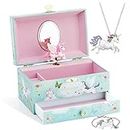 Kids Musical Jewelry Box with Big Drawer and zirconia stones Jewelry Set with Spinning Unicorn and Glitter Rainbow Butterfly Design - Blue Danube Tune