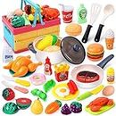 HOLYFUN Cutting Play Food W/ Foldable Basket, Pretend Toy Food Includes Fast Food&Fruit&Vegetables, Play Kitchen Accessories W/ Frying Pan&Pot&Dishes, Educational Play Food Set Gifts for Kids Toddlers