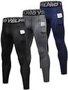 3 Pack Men's Athletic Compression Pants Cool Dry Workout Running Tights Leggings with Pocket Active Sports Base Layer, Black+grey+navy, Medium