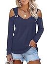 Womens Fashion Cold Shoulder Tops V Neck Navy Blue Blouse Tunic Shirts Summer Long Sleeve T Shirts
