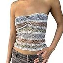 Acrawnni Womens Lace Trim Tube Crop Tops Y2k Sexy Sheer Lace Backless Strapless Top Fairy Grunge Bandeau Vest Y2k Streetwear (I-Coffee, L)