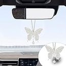 Bling Butterfly Diamond Car Hanging Accessories, Crystal Car Rear View Mirror Charms Car Decorative Accessories for Women, Lucky Gifts Hanging Ornament Pendant Decor for All Cars (White)