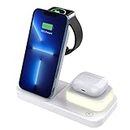 Wireless Charging Station,Dikkar 4 in 1 Wireless Charger with Night Light Compatible for iPhone 12/11/XR/Galaxy,Foldable Wireless Charging Stand Dock Compatible with Apple Watch 7-1/SE Airpods (White)