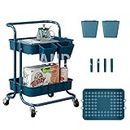 2 Tier Rolling Cart Organizer Kitchen Utility Carts with Wheels Kitchen Storage Cart On Wheels Spice Rack Organizer with Handle & 4Hooks & 2Cups Pantry Organizer Shelf Bathroom Laundry Trolley (Blue)