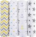haus & kinder Cotton 100x100 cm Swaddle Wrap, Grey, Yellow, Pack of 4