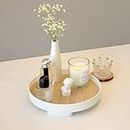 Prime Pick Wooden Round Makeup Perfume Tray|Bathroom Vanity Tray|Cosmetic Tray with Wooden Base Dresser Countertop Organizer Tray|Holder Decorative Tray for Candle, Lotion Bottle, Jewelry, Candle