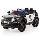 Costzon Kids Ride on Car, 12V Battery Powered Electric Police Truck w/ 2.4G Remote Control, Siren, LED Headlights, Microphone, Double Open Doors, Spring Suspension, SUV Vehicle for Children (Black)